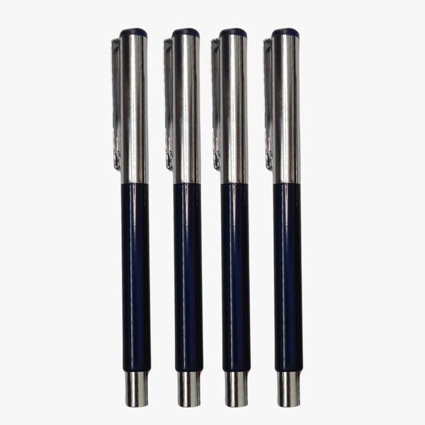 Set of 4 Metallic Glossy Blue Body Ball Pens with Silver Cap | Openable Mechanism | Smooth Blue Ink Writing