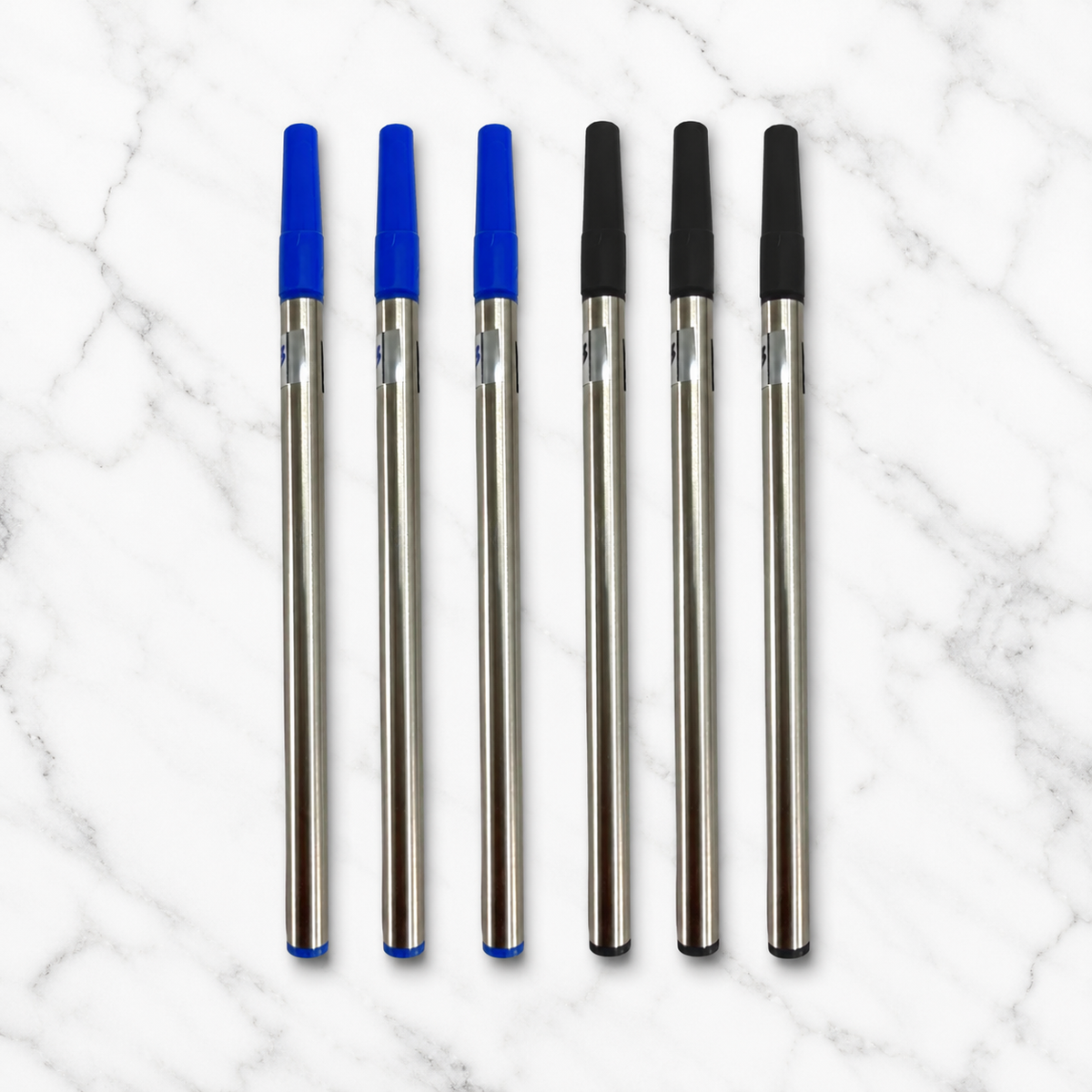 0.8 mm roller refill set with blue and black ink, silver body