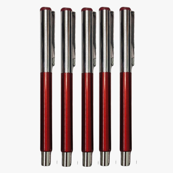 Set of 5 Metallic Glossy Red Body with Silver Cap Openable Ball Pens – Blue Ink | Premium Writing Collection