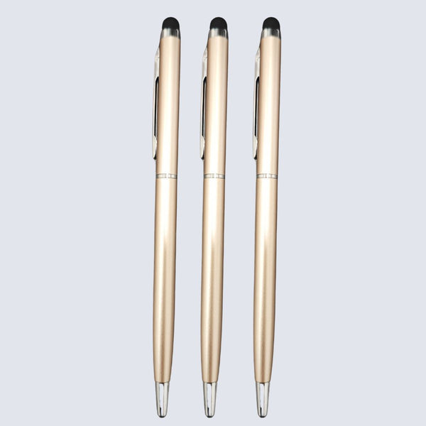 Set of 3 Stylus Metallic Glossy Rose Gold Body Ball Pens with Silver Clip – Twist Mechanism, Smooth Blue Ink