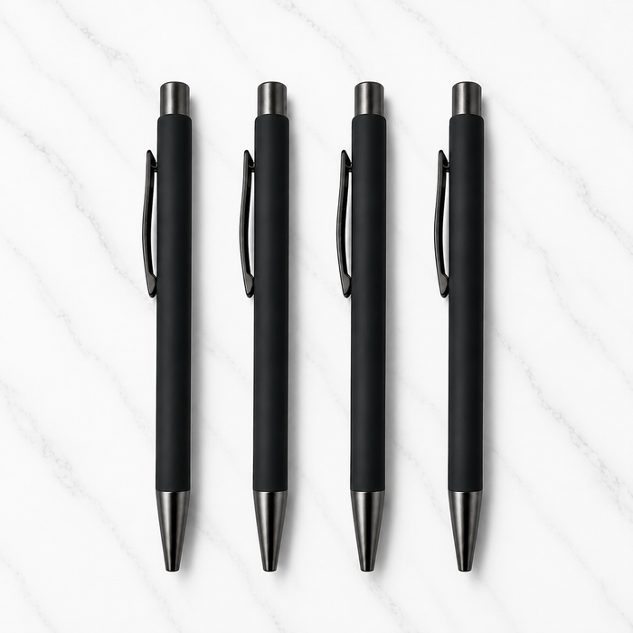 Matt black ball pen set with gunmetal clip, click mechanism and blue ink