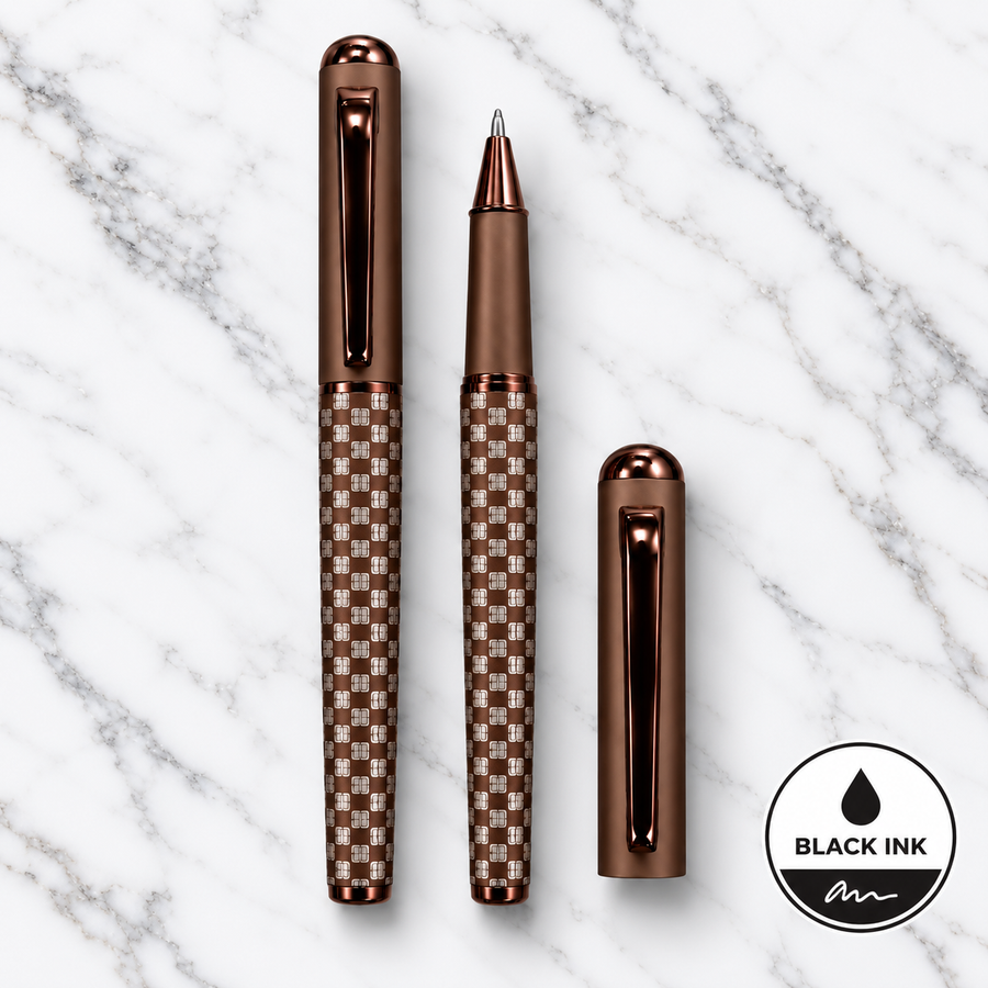 Matt Brown Grid Design Openable Ball Pen with Glossy Brown Clip | Black Ink | 1 Extra Refill