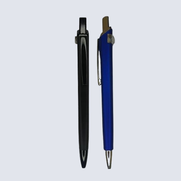 Set of 2 Plastic Ball Pens – Black Body Click Pen + Blue Body Silver Clip Click Pen | Smooth Blue Ink