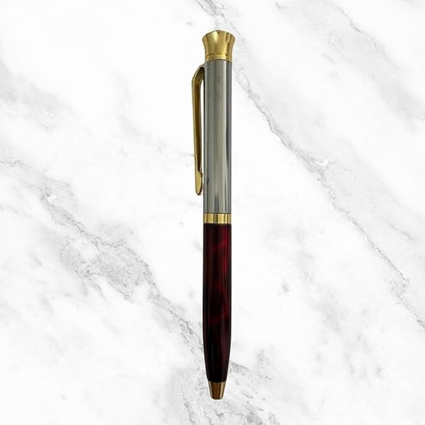 Metallic Glossy Maroon & Silver Mini Ball Pen with Red Diamond Top – Gold Clip | Twist Mechanism | Smooth Blue Ink