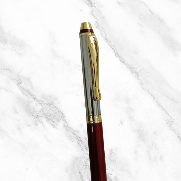 Metallic Glossy Maroon and Silver Dual Color Mini Ball Pen with Gold Clip
