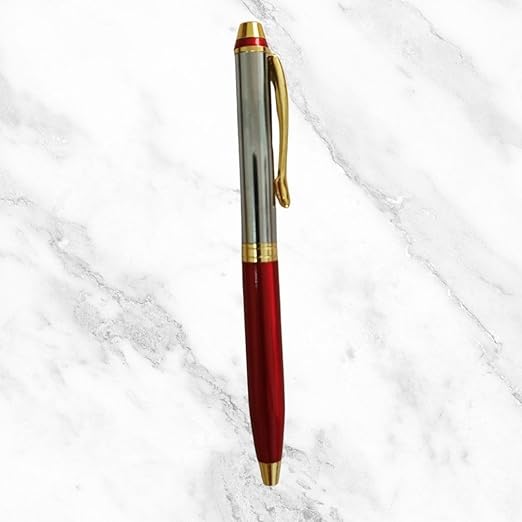 Metallic Glossy Red & Silver Dual Colour Mini Ball Pen with Gold Clip | Twist Mechanism | Smooth Blue Ink