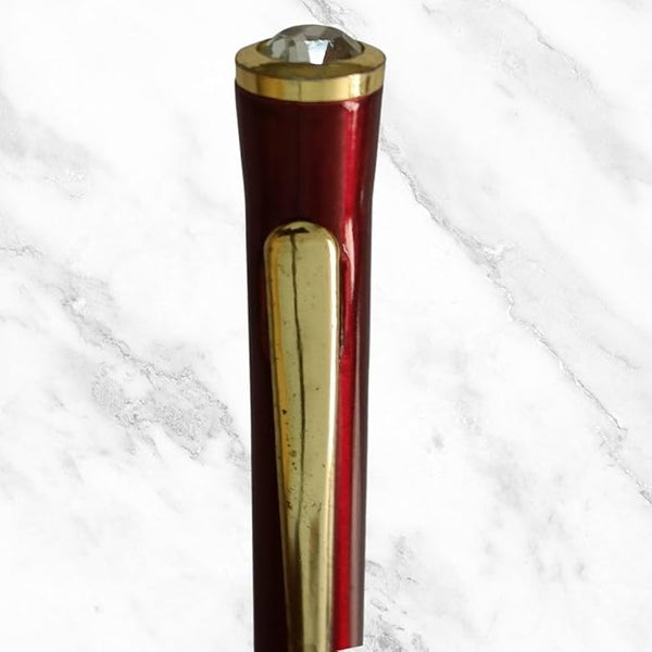 Metallic Glossy Red Mini Ball Pen – Gold Clip & White Diamond Twist Top | Luxurious Compact Writing Pen with Blue Ink