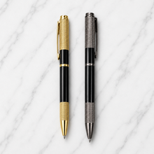 Ballpen Bazaar Set of 02 Metallic Glossy Black Ball Pens with Gold & Gunmetal Textured Grip | Twist Mechanism | Blue Ink | 2 Pens + 2 Free Refills