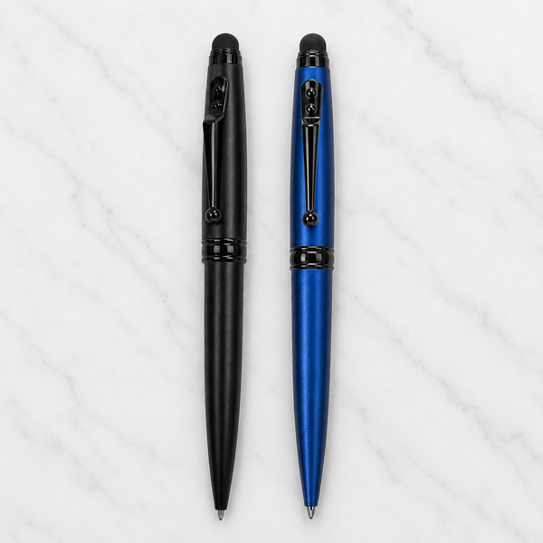 Ballpen Bazaar Set of 02 Stylus Matt Blue & Matt Black Metal Ball Pens with Glossy Black Designer Shape Clip | Twist Mechanism | Blue Ink | 2 Pens + 2 Free Refills