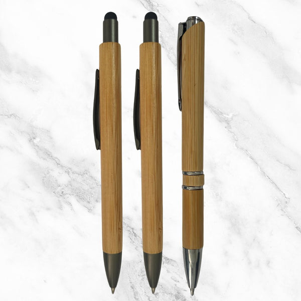 Set of 3 Wooden Finish Ball Pens – 2 Stylus Touch + 1 Classic | Silver Clip | Blue Ink