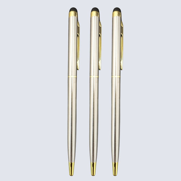 Set of 3 Stylus Metallic Glossy Silver Body Ball Pens with Gold Clip – Twist Mechanism | Blue Ink