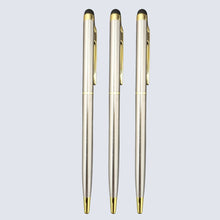Set of 3 Stylus Metallic Glossy Silver Body Ball Pens with Gold Clip – Twist Mechanism | Blue Ink