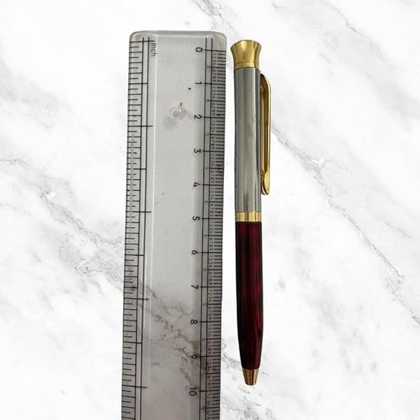 Metallic Glossy Maroon & Silver Mini Ball Pen with Red Diamond Top – Gold Clip | Twist Mechanism | Smooth Blue Ink
