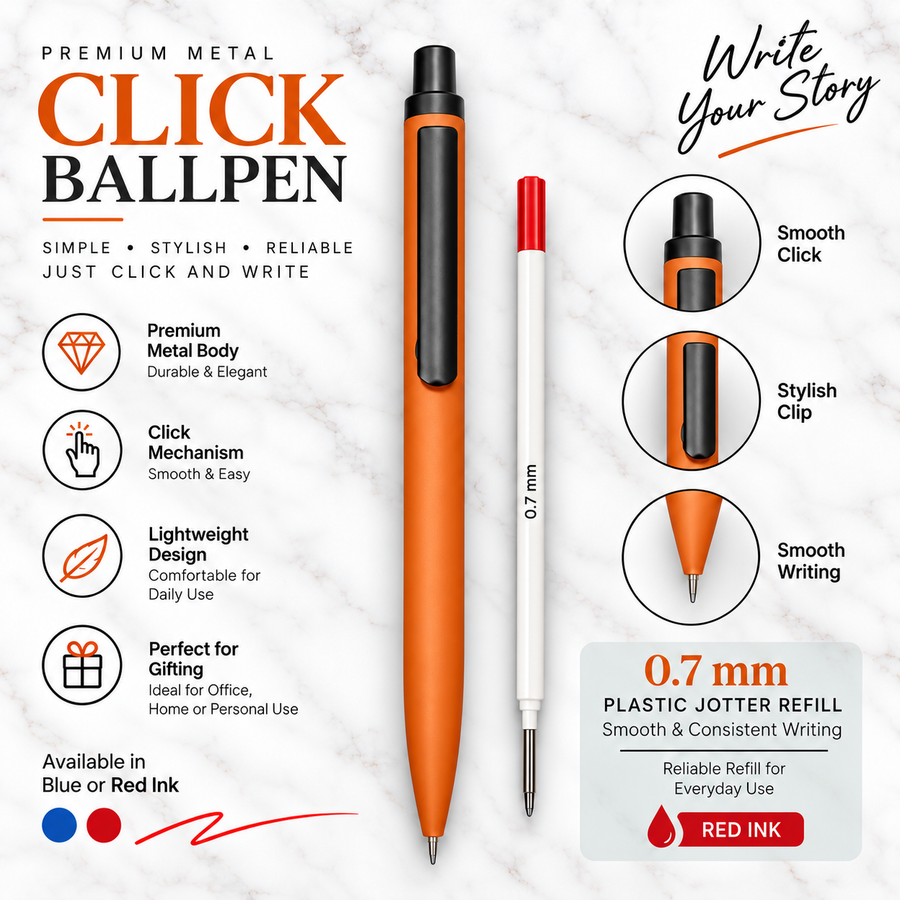 Ballpen Bazaar Matt Orange Ball Pen with Black Clip | Click Mechanism | Red Ink | 1 Extra Refill