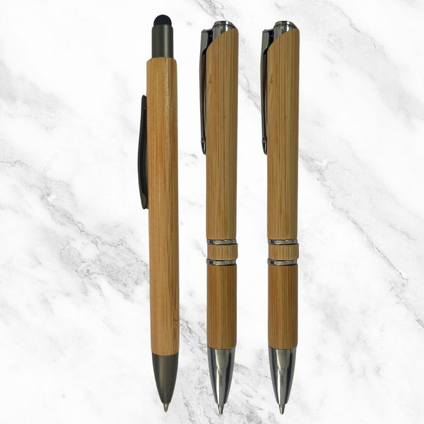 Set of 3 Premium Wooden Finish Stylus & Ball Pens – Silver Clip | Blue Ink | Click Mechanism