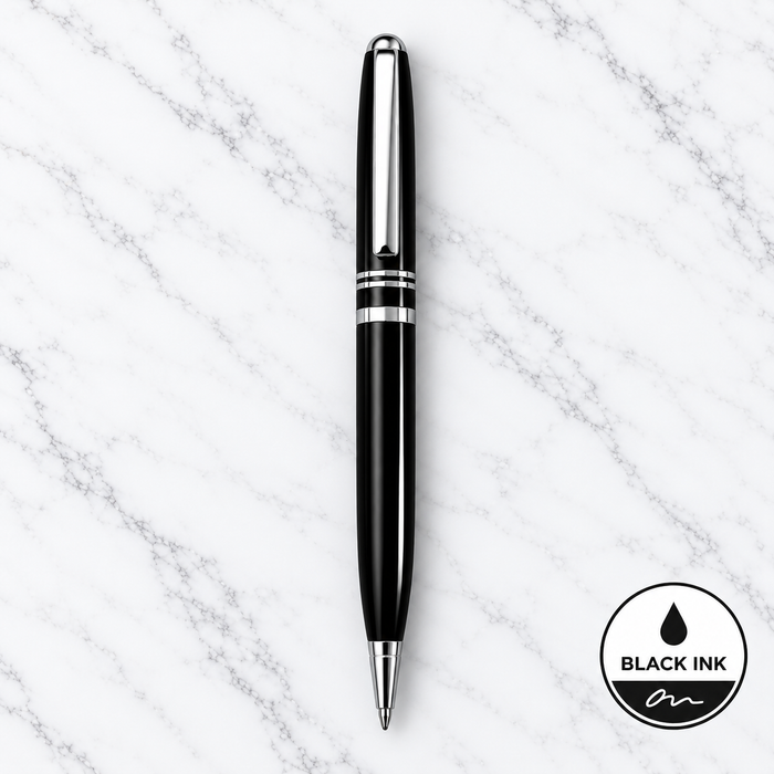 Ball Pen Bazaar Metallic Glossy Black Ball Pen with Silver Clip & Ring | Twist Mechanism | Black Ink | 1 Extra Refill