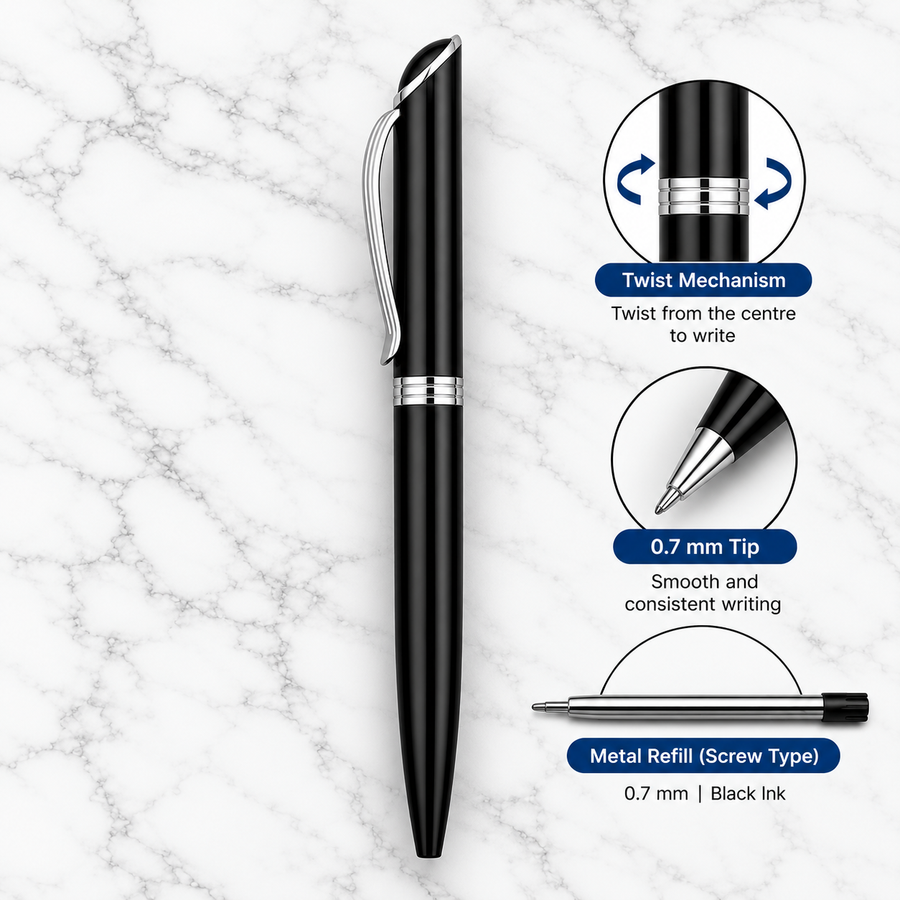 Metallic Glossy Black Ball Pen with Silver Clip | Twist Mechanism | Black Ink | 1 Extra Refill