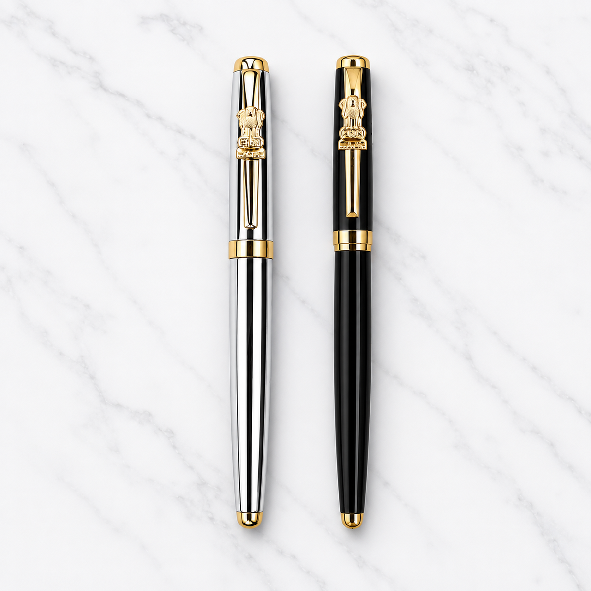 Set of 2 Black & Silver Ashoka Emblem Openable Ball Pens product view 1