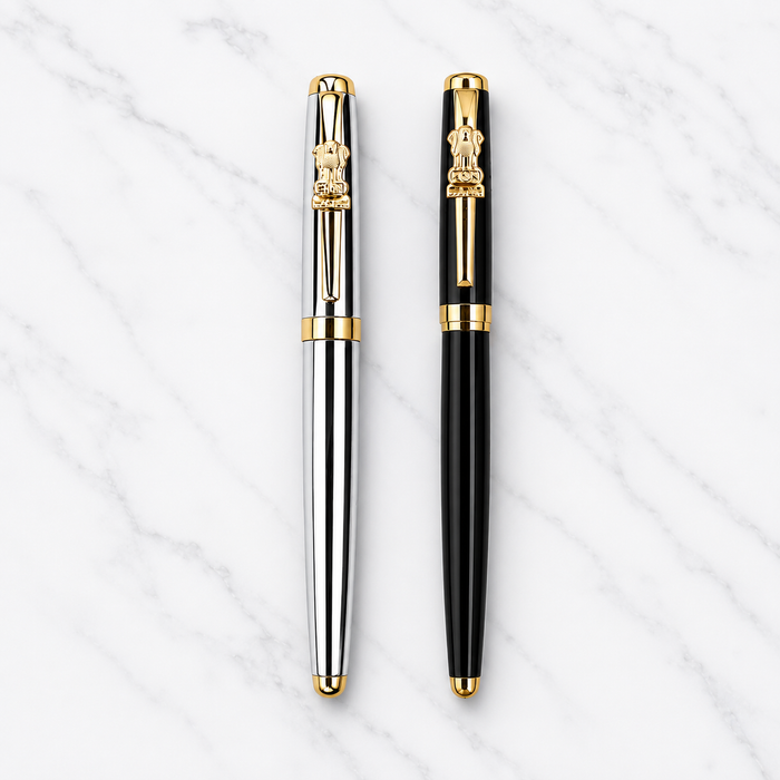 Set of 2 Black & Silver Ashoka Emblem Openable Ball Pens product view 1