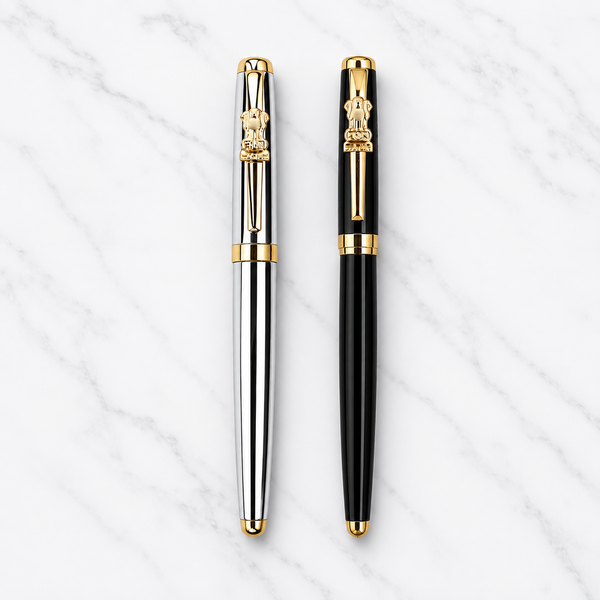 Set of 02 Metallic Glossy Black & Silver Ball Pens with Gold Ashoka Emblem Clip | Openable Cap Mechanism | Blue Ink | 2 Pens + 2 Extra Refills + 1 Surprise Ball Pen