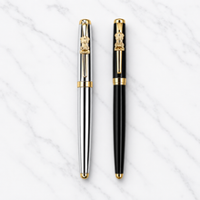 Set of 02 Metallic Glossy Black & Silver Ball Pens with Gold Ashoka Emblem Clip | Openable Cap Mechanism | Blue Ink | 2 Pens + 2 Extra Refills + 1 Surprise Ball Pen
