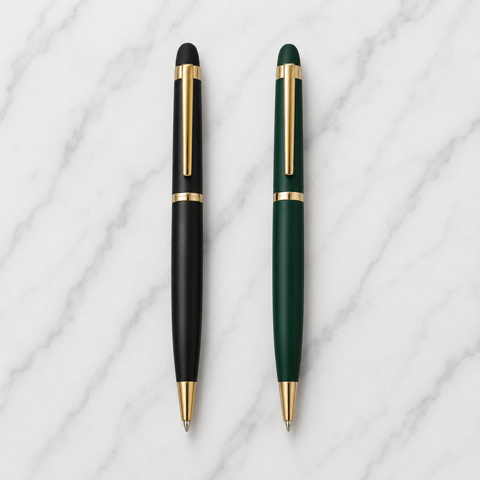 Set of 2 Metal Twist Ball Pens – Matt Black & Matt Green Body with Glossy Gold Clip | Blue Ink | 2 Pens + 2 Free Refills