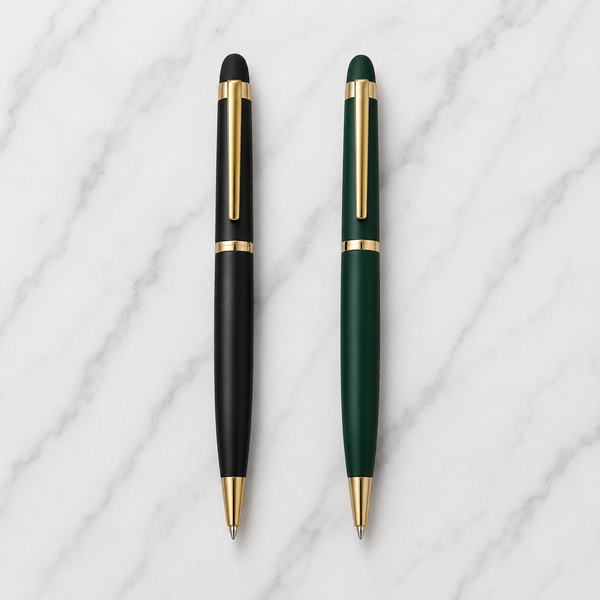 Ballpen Bazaar Set of 2 Metal Twist Ball Pens – Matt Black & Matt Green Body with Glossy Gold Clip | Blue Ink | 2 Pens + 2 Free Refills