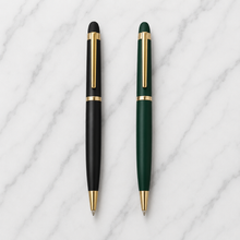 Ballpen Bazaar Set of 2 Metal Twist Ball Pens – Matt Black & Matt Green Body with Glossy Gold Clip | Blue Ink | 2 Pens + 2 Free Refills