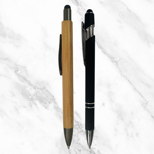 Set of 2 Premium Stylus Ball Pens – Wooden & Matte Black | Mobile Touch | Blue Ink