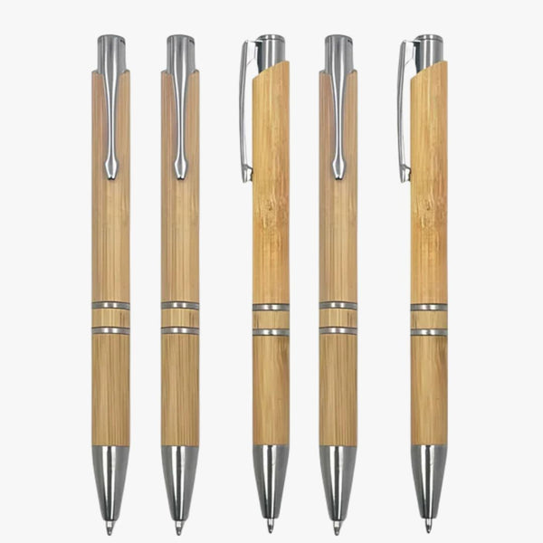 Set of 5 Wooden Colour Body with Silver Clip Click Mechanism Ball Pen – Smooth Blue Ink Writing Set