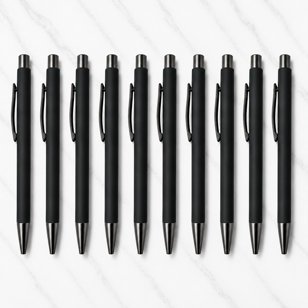 Ballpen Bazaar  Set of 10 Matt Black Click Ball Pens with Gunmetal Clip – Blue Ink with Name Engraving