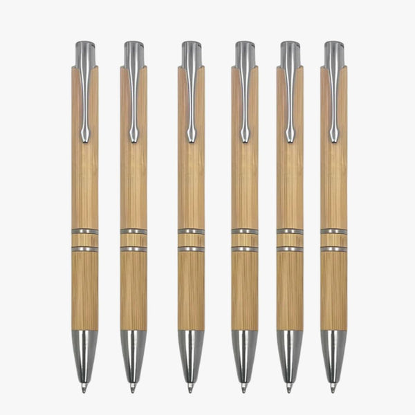 Set of 6 Wooden Colour Body with Silver Clip Click Mechanism Ball Pen – Smooth Blue Ink Writing