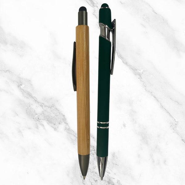 Set of 2 Stylus Ball Pens – Wooden Finish & Matte Green | Silver Clip | Click Mechanism | Blue Ink