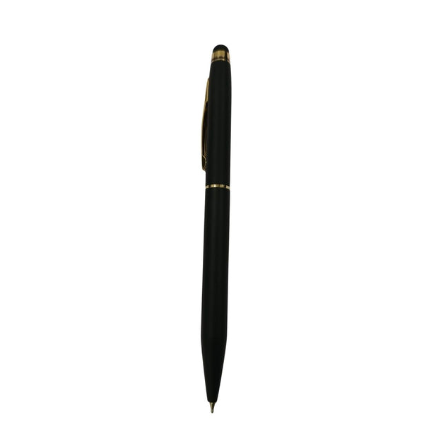 Black mobile touch pen with golden clip for elegant writing and touchscreen use.