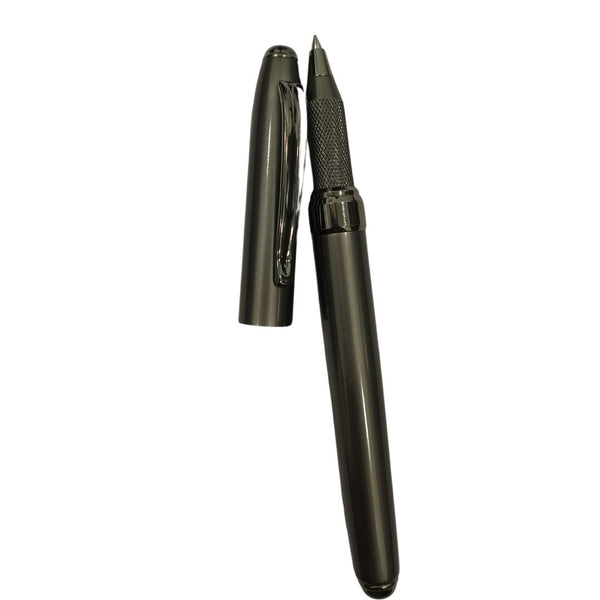 Metallic brown ball pen with brown cap and openable mechanism for refined writing.