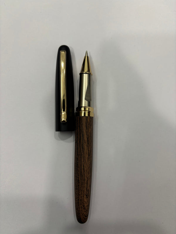 Wooden Finish Metal Ball Pen - Brown Body, Black Cap, Blue Ink Ballpen Bazaar