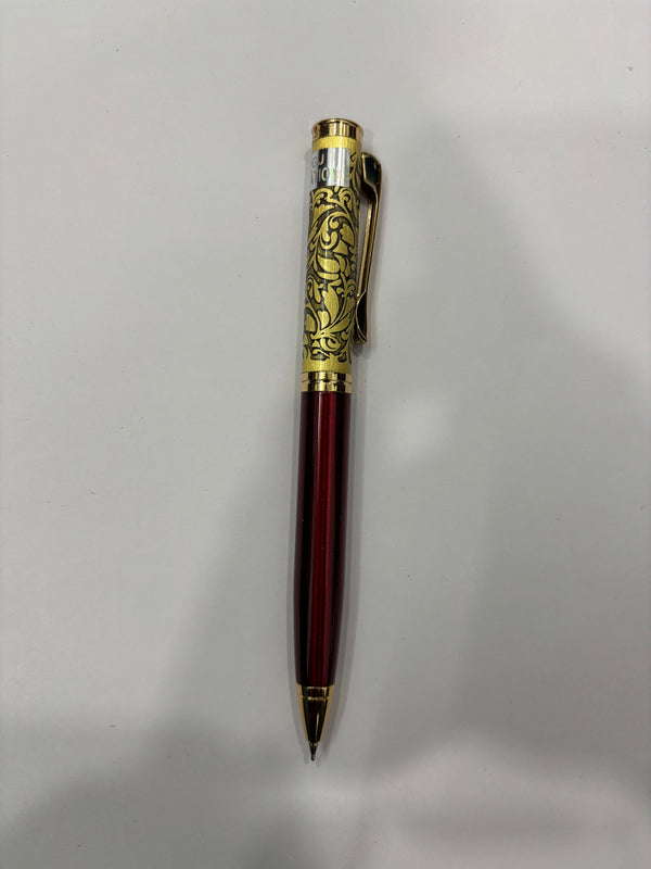 Twist Mechanism Golden Color Ball Pen with Red Body Elegant Golden Engraving on Top Ballpen Bazaar