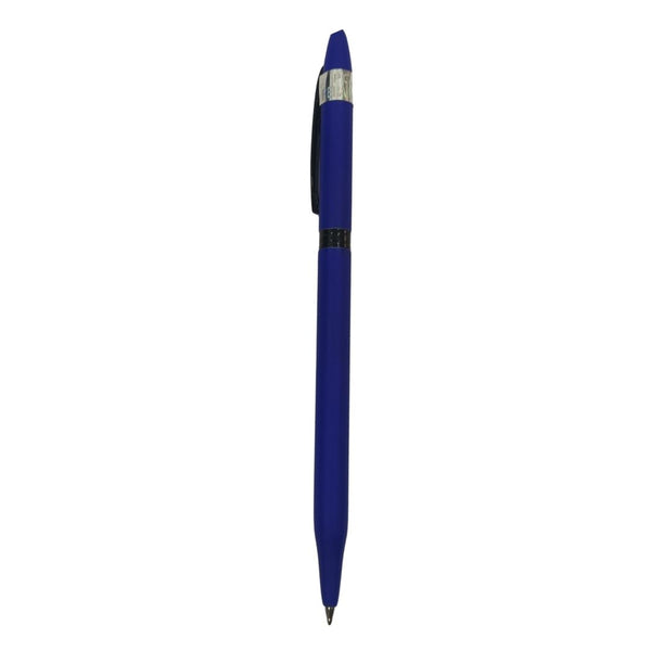 Slim blue pen with twist mechanism for modern and easy writing.