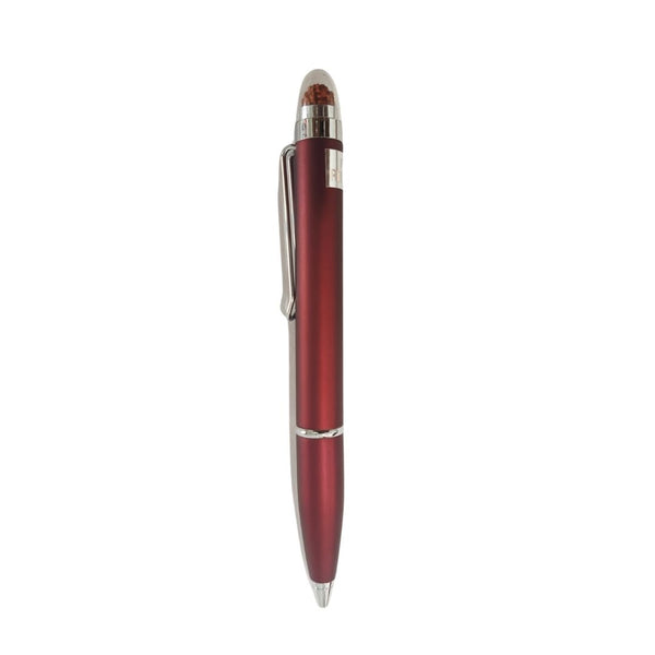 Rudraksha pen with spiritual red body and silver clip for meaningful writing.