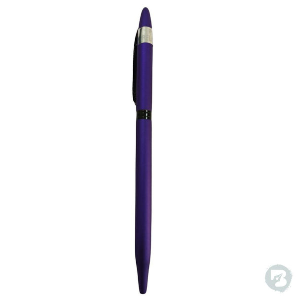 Purple metal ball pen with black pin, twist mechanism for an elegant writing tool.