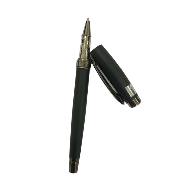 Black and silver pen with sleek openable design for smooth, professional writing.