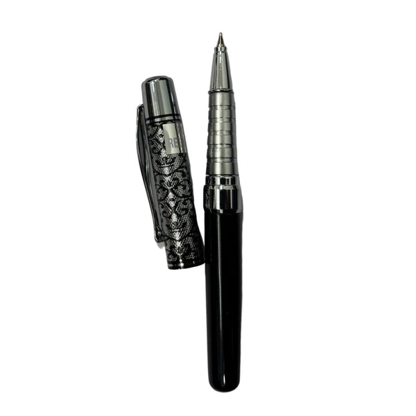 Silver and black pen with sleek engraved design for professional writing.