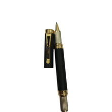 Metallic black ball pen with gold clip and openable mechanism, blue ink for smooth writing.