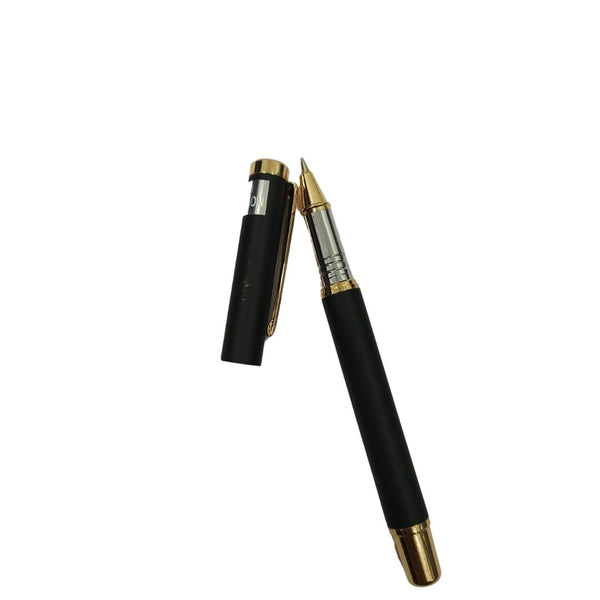 Metallic black ball pen with silver grip, gold clip, and openable mechanism with blue ink for smooth writing.