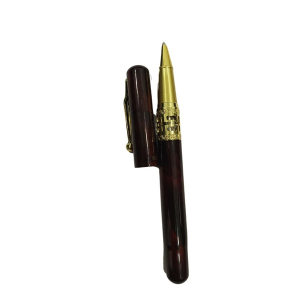 Metallic maroon ball pen with gold clip and openable mechanism, blue ink for luxurious writing.