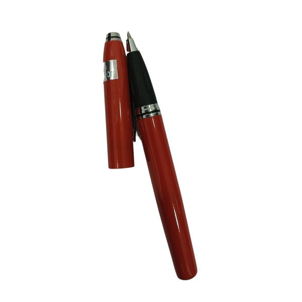 Metallic red ball pen with black grip, silver clip, and openable mechanism, blue ink for precise writing.