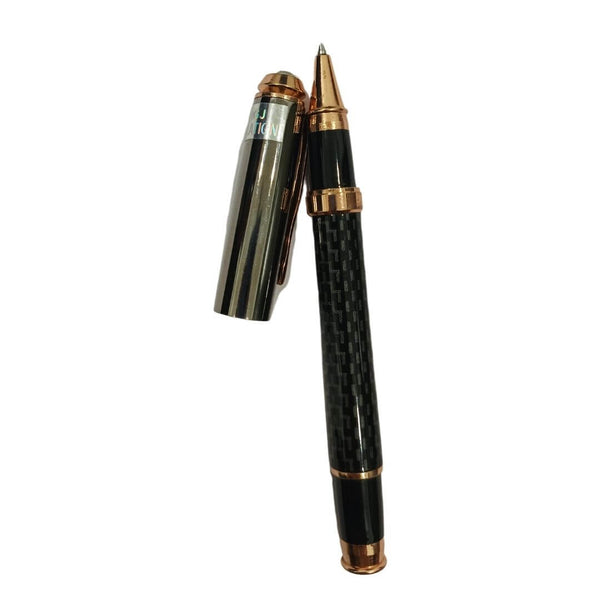 Metallic designer black ball pen with silver clip and openable mechanism, blue ink for smooth writing.