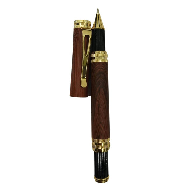 Metallic wooden brown ball pen with black grip, gold clip, and openable mechanism, blue ink for elegant writing.