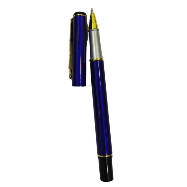 Metallic glossy blue ball pen with silver grip and openable mechanism, blue ink for effortless writing.