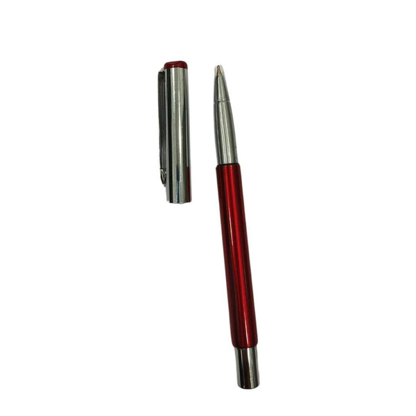 Metallic designer red ball pen with silver cap and openable mechanism, blue ink for smooth writing.